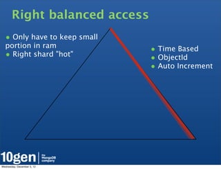 Right balanced access
  • Only have to keep small
  portion in ram
                               • Time Based
  • Right shard "hot"          • ObjectId
                               • Auto Increment




Wednesday, December 5, 12
 