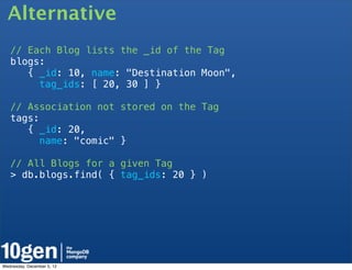 Alternative
   // Each Blog lists the _id of the Tag
   blogs:
      { _id: 10, name: "Destination Moon",
        tag_ids: [ 20, 30 ] }

   // Association not stored on the Tag
   tags:
      { _id: 20,
        name: "comic" }

   // All Blogs for a given Tag
   > db.blogs.find( { tag_ids: 20 } )




Wednesday, December 5, 12
 