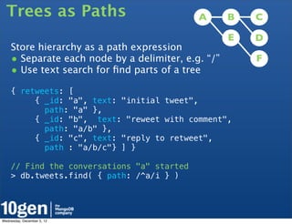 Trees as Paths                            A       B   C

                                                    E   D
    Store hierarchy as a path expression
    • Separate each node by a delimiter, e.g. “/”       F
    • Use text search for ﬁnd parts of a tree
    { retweets: [
         { _id: "a", text: "initial tweet",
           path: "a" },
         { _id: "b", text: "reweet with comment",
           path: "a/b" },
         { _id: "c", text: "reply to retweet",
           path : "a/b/c"} ] }

    // Find the conversations "a" started
    > db.tweets.find( { path: /^a/i } )




Wednesday, December 5, 12
 