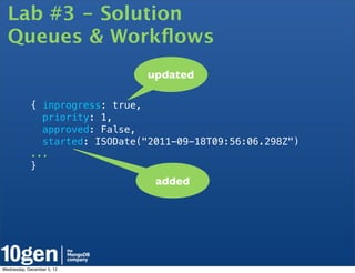 Lab #3 - Solution
  Queues & Workﬂows
                                updated

            { inprogress: true,
              priority: 1,
              approved: False,
              started: ISODate("2011-09-18T09:56:06.298Z")
            ...
            }
                                 added




Wednesday, December 5, 12
 