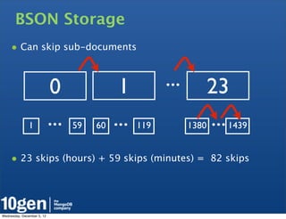 BSON Storage
     • Can skip sub-documents


                            0                1          ...       23
               1            ...   59   60   ...   119         1380 ... 1439


     • 23 skips (hours) + 59 skips (minutes) = 82 skips



Wednesday, December 5, 12
 