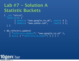 Lab #7 - Solution A
       Statistic Buckets
       { _id: "alvin",
         referrers: [
               { domain: "www.google.co.uk", count: 4 },
               { domain: "www.yahoo.com",    count: 1 },
         ] }

       > db.referers.update(
           { "referrers.domain": "www.google.co.uk" },
           { $inc: { "referrers.$.count": 1 } } )




Wednesday, December 5, 12
 