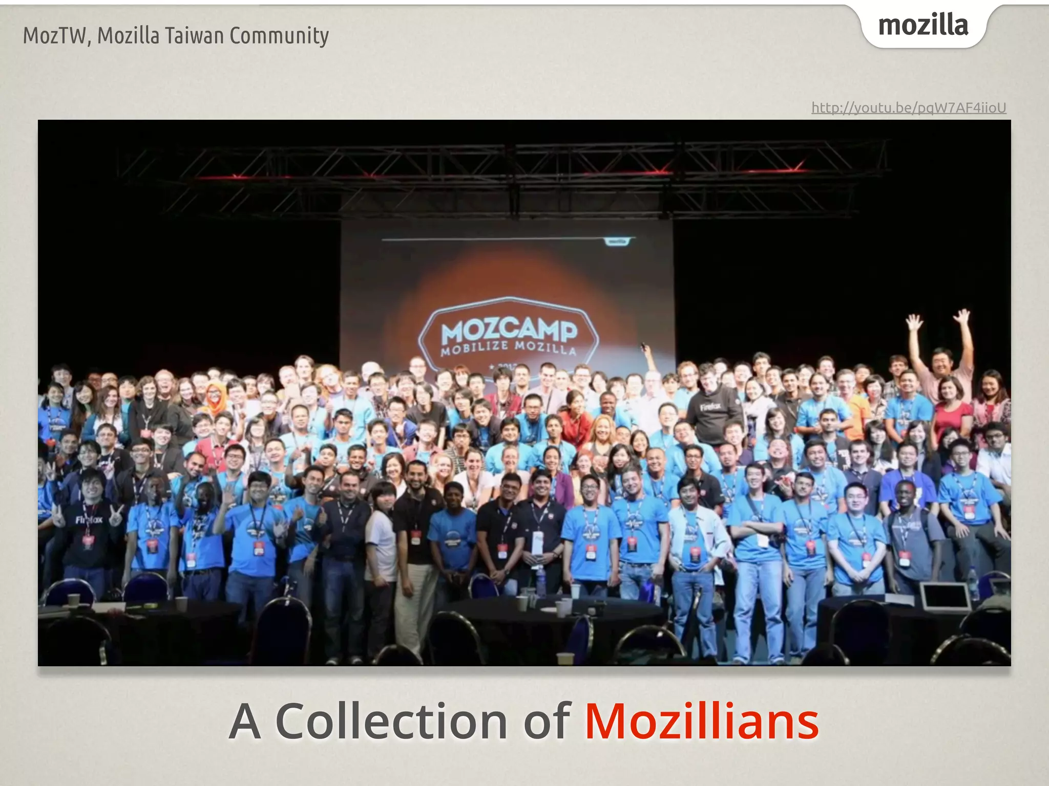 mozillaMozTW, Mozilla Taiwan Community
A Collection of Mozillians
http://youtu.be/pqW7AF4iioU
 