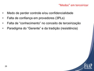 “Medos”	
  em	
  terceirizar	
  

•         Medo de perder controle e/ou confidencialidade
•         Falta de confiança em provedores (3PLs)
•         Falta de “conhecimento” no conceito de terceirização
•         Paradigma do “Gerente” e da tradição (resistência)




     28
 