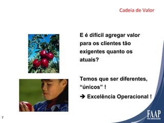 Cadeia	
  de	
  Valor	
  



    E é difícil agregar valor
    para os clientes tão
    exigentes quanto os
    atuais?


    Temos que ser diferentes,
    “únicos” !
    è Excelência Operacional !


7
 