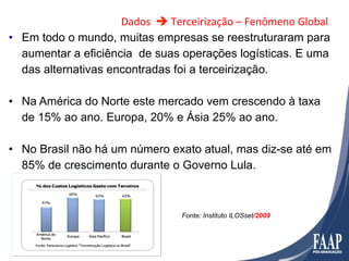 Dados	
  	
  è	
  Terceirização	
  –	
  Fenômeno	
  Global	
  
•  Em todo o mundo, muitas empresas se reestruturaram para
   aumentar a eficiência de suas operações logísticas. E uma
   das alternativas encontradas foi a terceirização.

•  Na América do Norte este mercado vem crescendo à taxa
   de 15% ao ano. Europa, 20% e Ásia 25% ao ano.

•  No Brasil não há um número exato atual, mas diz-se até em
   85% de crescimento durante o Governo Lula.



                                             Fonte: Instituto ILOSset/2009
 