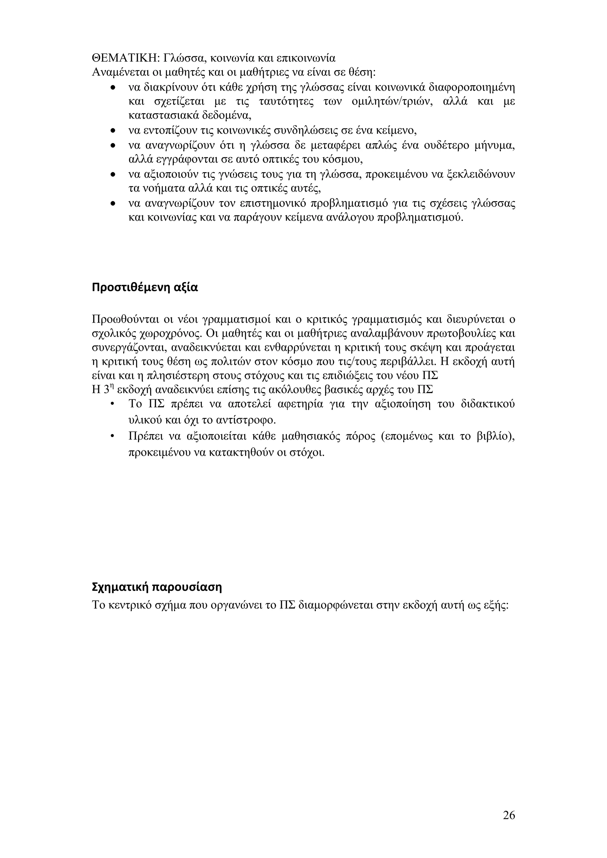 ΘΔΜΑΣΗΚΖ: Γιψζζα, θνηλσλία θαη επηθνηλσλία
Αλακέλεηαη νη καζεηέο θαη νη καζήηξηεο λα είλαη ζε ζέζε:
      λα δηαθξίλνπλ φηη θάζε ρξήζε ηεο γιψζζαο είλαη θνηλσληθά δηαθνξνπνηεκέλε
      θαη ζρεηίδεηαη κε ηηο ηαπηφηεηεο ησλ νκηιεηψλ/ηξηψλ, αιιά θαη κε
      θαηαζηαζηαθά δεδνκέλα,
      λα εληνπίδνπλ ηηο θνηλσληθέο ζπλδειψζεηο ζε έλα θείκελν,
      λα αλαγλσξίδνπλ φηη ε γιψζζα δε κεηαθέξεη απιψο έλα νπδέηεξν κήλπκα,
      αιιά εγγξάθνληαη ζε απηφ νπηηθέο ηνπ θφζκνπ,
      λα αμηνπνηνχλ ηηο γλψζεηο ηνπο γηα ηε γιψζζα, πξνθεηκέλνπ λα μεθιεηδψλνπλ
      ηα λνήκαηα αιιά θαη ηηο νπηηθέο απηέο,
      λα αλαγλσξίδνπλ ηνλ επηζηεκνληθφ πξνβιεκαηηζκφ γηα ηηο ζρέζεηο γιψζζαο
      θαη θνηλσλίαο θαη λα παξάγνπλ θείκελα αλάινγνπ πξνβιεκαηηζκνχ.




Προςτιθζμενη αξία

Πξνσζνχληαη νη λένη γξακκαηηζκνί θαη ν θξηηηθφο γξακκαηηζκφο θαη δηεπξχλεηαη ν
ζρνιηθφο ρσξνρξφλνο. Οη καζεηέο θαη νη καζήηξηεο αλαιακβάλνπλ πξσηνβνπιίεο θαη
ζπλεξγάδνληαη, αλαδεηθλχεηαη θαη ελζαξξχλεηαη ε θξηηηθή ηνπο ζθέςε θαη πξνάγεηαη
ε θξηηηθή ηνπο ζέζε σο πνιηηψλ ζηνλ θφζκν πνπ ηηο/ηνπο πεξηβάιιεη. Ζ εθδνρή απηή
είλαη θαη ε πιεζηέζηεξε ζηνπο ζηφρνπο θαη ηηο επηδηψμεηο ηνπ λένπ Π΢
Ζ 3ε εθδνρή αλαδεηθλχεη επίζεο ηηο αθφινπζεο βαζηθέο αξρέο ηνπ Π΢
    • Σν Π΢ πξέπεη λα απνηειεί αθεηεξία γηα ηελ αμηνπνίεζε ηνπ δηδαθηηθνχ
        πιηθνχ θαη φρη ην αληίζηξνθν.
    • Πξέπεη λα αμηνπνηείηαη θάζε καζεζηαθφο πφξνο (επνκέλσο θαη ην βηβιίν),
        πξνθεηκέλνπ λα θαηαθηεζνχλ νη ζηφρνη.




Σχηματική παρουςίαςη
Σν θεληξηθφ ζρήκα πνπ νξγαλψλεη ην Π΢ δηακνξθψλεηαη ζηελ εθδνρή απηή σο εμήο:




                                                                             26
 