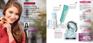 EDIÇÃO LIMITADA
                         A sua pergunta…                                                                                                          Optimals Oxygen Boost™
                                                                                                                            Para a pele
                                                                                                                                          40
                                                                                                                                           +     Eye Stick

                         Quero olhos
                                                                                                                            madura
                                                                                                                                                 Stick para Olhos Optimals Oxygen
                                                                                                                                                Boost™
                                                                                                                           Acabe com as linhas

                         rejuvenescidos
                                                                                         Para todos os    Para                                   Refresca instantaneamente a pele cansada
                                                                                                          todas as         ﬁnas e ponha os pés   da zona do contorno dos olhos. Refresca e
                                                                                         tipos de pele    idades           de galinha a andar    hidrata com Cafeína e Algas Castanhas.


                         e com vida!
                                                                                                                                                 Tamanho prático. 6 , 5 g.
                                                                                       Energia imediata para
                                                                                       os seus olhos! Tenha-o                                    23773                       €18,00

                         Qual o melhor creme
                                                                                       sempre à mão
                                                                                                                                                                      €9,95
                         para mim?                                                                                                                Optimals BioMaximum+™
                                                                                                                                                 Eye Cream
                                                                                                                                                 Creme de Olhos Optimals
                         Brand Manager Cuidados do Rosto                                                                                         BioMaximum+™
                         Amandine Taylor responde:                                                                                               Melhora a ﬁrmeza e elasticidade da pele
                                                                                                                                                 da zona do contorno dos olhos e ajuda a

                         “Aqui estão as minhas três dicas                                                                                        prevenir as rugas. 15 ml.
                                                                                                                                                 22472                       €20,00
                         para a ajudar a escolher!”
                                          Quer procure uma solução para dar
                                                                                   
                                                                                                                                                                  €11,95
                                          vida aos olhos cansados ou combater
                                          problemas maiores como as linhas ﬁnas,                                                                  Optimals Seeing is Believing

                                          estes cremes de olhos Optimals são                                                                     Multi beneﬁts Eye Cream
                                                                                                                                                 Creme de Olhos Ver para Crer
                                          tudo o que precisa para recuperar o                                                                    Optimals
                                                                                                                                                 15 ml.
                                          seu olhar jovem.
                                                                                                                                                 10796                       €23,00
                                           DICA…
                                                                                            Para todos
                                                                                            os tipos de
                                                                                            pele
                                                                                                            Para
                                                                                                            todas as
                                                                                                            idades                                               €12,95
                                          Utilize o corretor Absolute                     ACABARAM-SE OS
                                          para reduzir as manchas                         OLHOS DE PANDA!
                                          escuras e as bolsas debaixo
                                                                                          O creme Ver para Crer é o
                                                                                                                                                Olhos rejuvenescidos.
                                                                                                                                                 Preços brilhantes!


                                                                                                                                                          40%
                                          dos olhos. A sua ação
                                          refrescante surpreendê-la-á!                    antídoto de que necessita
                                          Veja na pág. 7                                  para aliviar as bolsas e
                                                                                          atenuar as olheiras, e até
                                                                                          suaviza as linhas ﬁnas!
                                                                                                                                                 + DE
                                                                                                                                                    DESCONTO
22   cuidados do rosto                                                                                                                                            cuidados do rosto    23
 