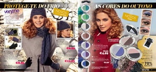 PROTEGE-TE DO FRIO
 VENHA O OUTONO!

                                                                                                                                          AS CORES DO OUTONO
                                                               NOVO
                                                                                   S
                                                                                                            203
                                                                                                                   45 Pretty Gree
                                                                                                                                  n

                      BY ORIFLAME                              EDIÇ
                                                                      ÃO L

                                                                                                                                                                                                              NOV
                                                                           I M IT
                                                                                 A DA
                      ito de outono:
     Está um dia perfe s e ar fresco.
                     ﬁca
     sol, cores magní or táveis
            roupas conf
                                                                                                                                                                                                               TO N
                                                                                                                                                                                                                    OS                        24955 Fro
                                                                                                                                                                                                                                                          sty Blue

     Veste                                                                                                                                                                                                               S
                      passear com
      de malha e vem                                                                                         20
                                                                                                                       reen us
                                                                                                                              io n
                                                                                                 
      Very Me!

                                                                                                                                                                                                                                            24956 So
                                                                                                                                                                                                                                                       ft Brown

                                                                                                                                                                                                                                       
              !
          M-1
     3-E
                                                                                                            20
                                                                                                              391           rey
                                                                                                                  Downtown G
                                                                                                                                                                                                                                   
                                     1                                                                                                                                                                                                     24957 Bla
                                                                                                                                                                                                                                                    ck Sky
                                                                                                                                                                                                                
                                                       
      2                                                                                                      20
                                                                                                               392          az e
                                                                                                                                                                              CORES SUAVES
                                                                                                                                                                                                                                                   
                                                                  Twilight Hat                                    Cocoa Gl
                                                                                                                                                                              E COM BRILHO
                                                                 Gorro Twilight
                                                                 Gorro de malha acrílica em roxo e com




                                                                                                                                                                                                                             wn
                                                                 ﬁos prateados. Dimensões: 21 x 21 cm.                                 Very Me Eye Envy                                                                      ro
                                                                                                                                                                                                                            tB
                                                                                                                                                                                                                     6   Sof
                                                                                                                                      Sombra de Olhos Envy Very Me
                                     3                           25191                      €10,00                                    Liberta o teu lado artístico! Duos de
                                                                                                                                                                                                                2495


                                                                                        €6,95                203
                                                                                                                 93 Iced Purple
                                                                                                                                      sombras brilhantes numa paleta
                                                                                                                                      versátil de cores. 1,9 g.
                                                                                                                                                                                                                                               Na compra de
 Twilight Gloves                                                                                                                                                 €6,90                                                                     qualquer Sombra
                                                                                                                                                         €4,95
                                                                 Twilight Scarf
Luvas Twilight
Luvas 3-em-1 em malha acrílica – luvas sem
                                                                Cachecol Twilight                                                                                                                                                             de Olhos desta
                                                                Bonito cachecol de malha acrílica em roxo
                                                                                                                                                                                                                                              página, poderás




                                                                                                                                                                                                          lue
dedos em tons delicados de roxo, com ﬁos
                                                                escuro e com ﬁos prateados. Dimensões:




                                                                                                                                                                                                       yB
                                                                                                                                                                                                         st
prateados, e luvas pretas. Usa-as                                                                                                       Very Me                                                       Fro
individualmente ou em conjunto para um look        
                                                                130 x 20 cm.                                                          
                                                                                                                                                                                             2495
                                                                                                                                                                                                  5                                               adquirir os
                                                                                                                                      Eye Shadow Applicators                                                        24
glamoroso. Tamanho (conjunto): 23 x 9 cm.                       25189                      €17,00             203
                                                                                                                 94 Lady Lila
                                                                                                                              c
                                                                                                                                      Aplicadores de Sombras Very Me
                                                                                                                                                                                                                      957
                                                                                                                                                                                                                          Black
                                                                                                                                                                                                                                Sky
                                                                                                                                                                                                                                           Aplicadores por
25190                             €13,00                                          €11,95                                              Dimensões: Bolsa fechada 4,5 x 7,2 cm.                                                                    apenas €0,95

A Modelo está a usar:
                            €8,95
Máscara de Pestanas Volume 20533 Black /
                                                                                                                                      23267                        €3,50                                                                   + DE
                                                                                                                                                                                                                                                  70%
                                                                                                                                                                                                                                                  DESCONTO
Lápis de Olhos Double Trouble 20422 Mocha Loca /                                                                                      A Modelo está a usar: Máscara de Pestanas
Sombra de Olhos Envy 24956 Soft Brown.                                                                        203                 e
                                                                                                                                      Volume 20533 Black / Sombra de Olhos
                                                                                                                 95    Blue Edg       Envy 24957 Black Sky.
88                                                                                                                                                                                                                                                                   89
 