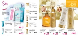 GRANDES POUPANÇAS NOS
                                                                                                                                                                                                                          CUIDADOS MAIS LUXUOSOS



                                                                                                                                                                                                                                            40%
                                                                                                      Milk & Honey Gold
                                                                                                      Nourishing Hand & Body
                                                                                                      Cream
                                                                                         Esfolia e
                                                                                         reduz os
                                                                                                      Creme Nutritivo para Mãos
                                                                                                      e Corpo Milk & Honey Gold
                                                                                                                                   MÃOS                                                      CABELO                                + DE
                                    Fácil e pronta a
                                                                                         pelos        250 ml.                                                                                                                                 DESCONTO
                                       ser utilizada
                                                                                         encravados
                                                                                                      15570             €11,00                                                                                  
                                                                                                                                                                                                                                                              Uma
                                                                                                                                                          Hidrata as mãos                                                                                   textura
                                                                                                                                                                                                                                                          sumptuosa
                                                                                                      Milk & Honey Gold
 Ladies´ Delicate                                                                                    Creamy Soap Bar
Disposable Razor                                                                                      Limpeza em Barra Cremosa
                                                                                                      Milk & Honey Gold                                                                                                        
Lâmina Depilatória Delicate                                                                                                                                              
Ladie                                                                                                 75 g.
                                                                                                                                                                                              Condicionador
Conjunto de 2. 12,8 x 4,5 x 2 cm.                                                                     15571               €2,90         Amacia de                                             rico e cremoso
23783                  €5,00                                                                                                                forma
                                                                                                                                       maravilhosa

                                                                                                      Milk & Honey Gold                              
                                                                                                      Moisturising Shower Cream
                                                                                                      Creme de Duche Hidratante
                                                                                                      Milk & Honey Gold
                                                                                                      200 ml.
                                                                                                      15579             €10,00



              Silk Beauty Shave Gel                    Silk Beauty For Smooth Skin                  Milk & Honey Gold
             Gel para Depilar Silk Beauty              Hair Removal Wax Strips                        Creme Bath
             150 ml.                                   Bandas de Cera Silk Beauty                     Creme de Banho Edição de
             22932                   €7,90             16 bandas de cera e 2 toalhitas
                                                       suavizantes.
                                                                                                      Luxo Milk & Honey Gold
                                                                                                      300 ml.
                                                       23949                        €12,00            18249            €12,00
                                                                            €9,95
              Silk Beauty For Smooth                   Silk Beauty
                                                                                                      Milk & Honey Gold             Milk & Honey Gold             Milk & Honey Gold              Milk & Honey Gold               Milk & Honey Gold
             Skin Hair Removal Cream                   Ingrown Hair Eliminating Gel
             Creme Depilatório Silk                    Gel Antipelos Encravados Silk                  Smoothing Sugar Scrub       Liquid Hand Soap                Softening Hand Lotion           Conditioner                      Shampoo
             Beauty                                    Beauty                                         Esfoliante Suavizante       Sabonete Líquido                Loção de Mãos Suavizante        Condicionador                    Champô Milk & Honey Gold
             100 ml.                                   75 ml.                                         Milk & Honey Gold           Milk & Honey Gold               Milk & Honey Gold               Milk & Honey Gold                200 ml.

             23282                  €12,00             22691                         €8,90
                                                                                                      200 ml.                     300 ml.                         150 ml.                         200 ml.
                                                                                                                                                                                                                                   22624                €10,00
                                                                                                                        €11,00                           €7,90                            €8,00                       €10,00
                                                                                                                                                                                                                                                 €5,95
                                                                                                      17556
                                                                            €7,95
                                                                                                                                  15578                           15983                           22625


102   cuidados do corpo e capilares
                                                                                                                                               €4,50                           €4,50                           €5,95               cuidados do corpo e capilares 103
 