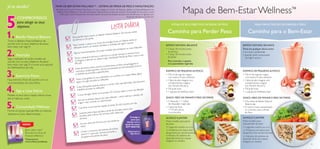 Já se decidiu?
                                                                                                                                                                                     Mapa de Bem-Estar Wellness™
                                              MAPA DE BEM-ESTAR WELLNESS™ – SISTEMA DE PERDA DE PESO E MANUTENÇÃO
                                              ● Desenvolvido pelo Professor Stig Steen e os seus colegas no Centro de Pesquisa Igelösa na Suécia. ● Baseado nos




5
                                               Batidos Natural Balance e nas recomendações relativamente ao estilo de vida, da Universidade de Harvard e outras
                                                  instituições internacionalmente reconhecidas. ● Clinicamente testado durante mais de três anos em Igelösa, com
         COMPROMISSOS                                                                                                           resultados eﬁcazes e duradouros.

         para atingir os seus
                                                                                                                   LISTA DIÁRIA
                                                                                                                                                                         ATINJA OS SEUS OBJETIVOS DE PERDA DE PESO:               PARA MANUTENÇÃO DE ENERGIA E PESO:
         objetivos:
                                                                                                                                                                     Caminho para Perder Peso                              Caminho para o Bem-Estar
1.
                                                                                                                                                 antes
                                                                                                                                 ce 30 minutos
                                                                                                            o Natural Balan
                                                                                      , tome um Batid
        Batido Natural Balance                                  Para perder pe
                                                                                   so
                                                                                     jantar.
Tome os Batidos Natural Balance de                              do almoço e do                                                        Batido entre as
                                                                                                                  ergia, tome um
acordo com os seus objetivos de peso/                                               peso    e os níveis de en vontade de ingerir açúcar.
                                                                 Para manter o            i reduzir també
                                                                                                              ma                                                    BATIDO NATURAL BALANCE                            BATIDO NATURAL BALANCE
bem-estar (ver pág. 9)                                           re feições. Assim, va                                                          as refeições.


2.
                                                                                                                              ra preparar as su                     • 1 dose, 30 minutos antes                        Tome em qualquer altura como:
                                                                                       dações do       prato modelo pa                                                do almoço                                       • um snack saudável ou
                                                                  Siga as recomen                                                           mesma hora.
        Nutrição                                                                                                         jantar sempre à                       u    • 1 dose, 30 minutos antes                        • quando sentir necessidade
                                                                                        o-almoç     o, o almoço e o ente Perda de Peso” para o se                     do jantar
Siga o exemplo do prato modelo de                                 Tome o pequen e ou utilize a app “Assist                                                                                                              de ingerir açúcar
                                                                                       rm
acordo com os seus objetivos de peso/                              Conﬁgure o ala                                                                                    Para controlar o apetite
bem-estar (ver pág. 9) e tome uma saqueta                          iPhone!                                                           s amanteigados co
                                                                                                                                                        e            e as quantidades ingeridas
                                                                                                                   emesas, molho
do WellnessPack por dia.                                                                 frito s, snacks e sobr                     roz/ massa/pão bran
                                                                    Evite: alimentos gordos, carnes processadas, ar


3.
                                                                                        jos
                                                                    cremosos, quei                             da s.                                                EXEMPLO DE PEQUENO-ALMOÇO                         EXEMPLO DE PEQUENO-ALMOÇO
                                                                                           adas e gaseiﬁca
                                                                     e bebidas açucar                                                                  água/
        Exercício Físico                                                                                                           -os a vapor. Beba                • 150 ml de iogurte magro,                        • 150 ml de iogurte magro,
                                                                                                             entos ou cozinhe
                                                                                         he os seus alim                                                              com aveia e frutos silvestres                     com aveia e frutos silvestres
Faça exercício físico de acordo com as                               Asse, coza, grel                   refeições.
                                                                      água com     gás durante as                                                               m   • 1 fatia de pão integral com                     • 1 fatia de pão integral com
recomendações da Lista Diária.                                                                                                              visão, não leia, ne
                                                                                                                         er : não veja tele                           complementos magros                               complementos magros


4.
                                                                                            quan   do estiver a com                                                   (ex. ﬁambre de peru)                              (ex. ﬁambre de peru)
                                                                      Evite distrações
                                                                                              as refeições.
                                                                          abalhe durante                                                         o da refeição.
                                                                                                                                                                    • 150 g de fruta                                  • 150 g de fruta
        Siga a Lista Diária                                            tr
                                                                                                           saciado 20 min
                                                                                                                               utos após o iníci                    • 1 saqueta do Wellness Pack                      • 1 saqueta do Wellness Pack
                                                                                            Sentir-se-á
Planeie os seus dias e repita rotinas novas                             Coma devagar.                                                            o desejo de
                                                                                                                              o – assim atenua
até se habituar a elas.                                                                     es depo    is de cada refeiçã                                           SNACK: MEIO DA MANHÃ E MEIO DA TARDE              SNACK: MEIO DA MANHÃ E MEIO DA TARDE
                                                                        Escove os dent a ou sobremesas.


5.
                                                                                                                                                                    • ½ Abacate + 1 colher                            • Uma dose de Batido Natural
                                                                         inge rir mais comid
                                                                                                                                     minutos por dia.                 de requeijão magro ou                             Balance ou
                                                                                                                  durante 30–60
        Comunidade Wellness                                               Caminhe num       a marcha rápida                                                         • 1 peça de fruta                                 • O mesmo snack apresentado
                                                                                                                                   ta, dance, etc.                    + 5 frutos secos                                  no Caminho para a Perda
Forme um grupo que partilhe os mesmos                                                                          , ande de bicicle r
                                                                          Levante peso     s, faça aeróbica          , três vezes po                                  à sua escolha                                     de Peso
objetivos e, claro, determinação.                                                              enos 30 minutos
                                                                           durante pelo m                                                      Consiga o
                                                                           semana.                                                                                  ALMOÇO E JANTAR                                   ALMOÇO E JANTAR
                                                                                                                                                peso que
                                                                                                            por dia. D    eite-se                                   Prato modelo para perda                           Prato modelo para
                                                                            Durma ce    rca de 8 horas                                     deseja com a
                                                                                                                                                                    de peso:                                          manutenção de peso:
              NOVO                                                                                                                       ajuda da nossa
                                                                            cedo!                                                         APP GRÁTIS!               ¾: Legumes cozidos ou crus                        ½: Legumes cozidos ou crus
                                                                                                                  s alcoólicas
                 Quer saber mais?
                                                                            Limite o cons     umo de bebida                                                         ¼: Proteínas com baixo teor                       ¼: Proteínas com baixo teor
                                                                                                                     rante o                 Disponível na
                 Descubra no Guia de                                                             por semana du                                                      de gordura (ex. carnes brancas)                   de gordura (ex. carnes brancas)
                                                                             para 0–1 copo a de peso.                                           App Store.
                 Produtos Wellness!                                          programa de pe
                                                                                                   rd                                                               e hidratos de carbono de                          ¼: Hidratos de carbono de
                 *Disponível em                                                                                                                                     absorção lenta (ex. massas                        absorção lenta (ex. massas
                 www.oriﬂame.pt/wellness                                                                                                                            integrais ou cereais)                             integrais ou cereais)
8                                                                                                                                                                                                                                                                      9
 