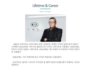 Lifetime&Career
Peter Schreyer
1980년 슈라이어는 아우디에서 외장, 인테리어, 콘셉트 디자인 담당으로서 일하기
시작해서 1991년에는 아우디의 캘리포니아 디자인 스튜디오로 이동했다. 1992년에는
아우디 디자인 컨셉트 스튜디오로, 1993년에는 폭스바겐의 익스테리어 디자인 부문으
로 이동했다.
2006년에는 기아 자동차에 최고 디자인 책임자로 고용되었다.
슈라이어는 필리프 스타크가 디자인한 올 블랙 의상과 안경을 즐겨 착용하는 것으로
유명하다.
 