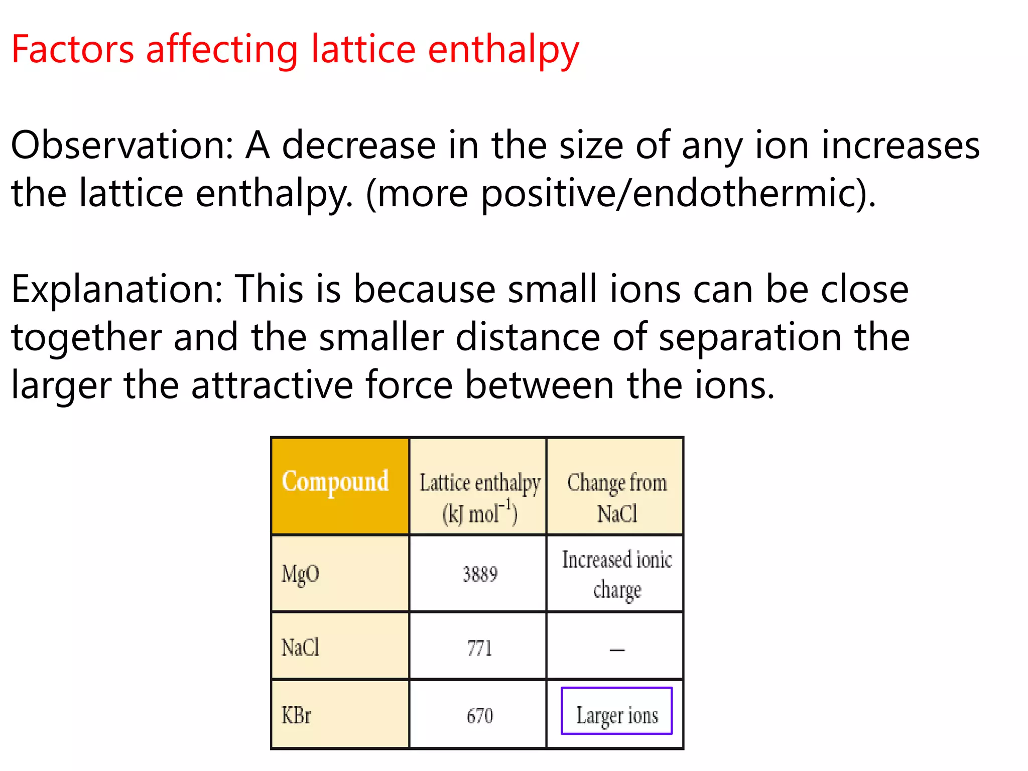 Factors affecting lattice enthalpy

Observation: A decrease in the size of any ion increases
the lattice enthalpy. (more positive/endothermic).

Explanation: This is because small ions can be close
together and the smaller distance of separation the
larger the attractive force between the ions.
 