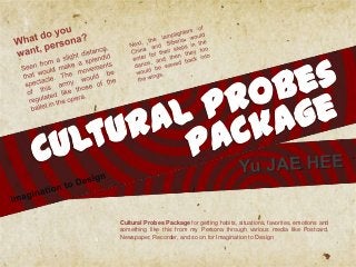 Cultural Probes Package for getting habits, situations, favorites, emotions and
something like this from my Persona through various media like Postcard,
Newspaper, Recorder, and so on for Imagination to Design
 