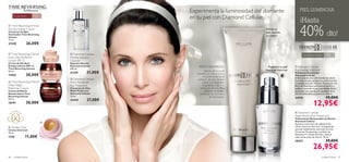 Experimenta la luminosidad del diamante                           PIEL LUMINOSA
     Para piel madura   +   55                                 en tu piel con Diamond Cellular.
                                                                                                                                 ¡Hasta
                                                                                                                                 40% dto!
                                             
 Time Reversing InTense
Eye Illuminator Cream                                                                                  Exfolia tu
Contorno de Ojos                                                                                       piel, ilumina
Iluminador Time Reversing
Intense
                                                                                                        tu rostro
15 ml.
21345               26,00€

  Time Reversing InTense                   Diamond Cellular

Every Day Perfector
                                         
                                         Micellar Solution
                                                                                                                                    Para todo tipo de pieles   +   40
                                     
Cream SPF 12                             Cleanser
Crema de Día Anti-                       Solución Micelar
Envejecimiento SPF 12                    Diamond Cellular          MODO DE EMPLEO:                       Regenera tu piel      Diamond Cellular
Time Reversing Intense                   200 ml.
                                                                        Aplicar sobre la piel           mientras duermes    Illuminating Exfoliator
50 ml.
                                        21339        21,00€      húmeda con movimientos                                    Exfoliante Iluminador
17452               38,00€                                             circulares evitando el                               Diamond Cellular
                                           Diamond Cellular                                                                 Exfolia suavemente eliminando las células
                                                                 contorno de ojos. Aclarar                                 muertas y mejora el aspecto y luminosidad,
 Time Reversing InTense                 Multi-Perfection             y secar con pequeños                                  revelando una piel radiante. Formulado con
Deep Night                               Eye Treatment                 toquecitos. Usar 1–2                                 Elixir de Diamante que ilumina, toniﬁca y
Reformer Cream                           Contorno de Ojos           veces por semana. Para                                  uniﬁca el tono de la piel y partículas Diami
Crema de Noche                          Multi-Perfection                mejores resultados,                                que pulen con suavidad la superﬁcie de la
Restauradora Time                        Diamond Cellular           combinar con la Crema                                   piel devolviéndole su juventud. 150 ml.
Reversing Intense                        15 ml.                               de Día /noche.                                24199                              19,00€
50 ml.
                                                      27,00€
                                                                                                                                                12,95€
                                         22419
18191               38,00€
                                                                                                    

                                                                                                                             Diamond Cellular
                                                                                                                            Night Restorative Treatment
                                                                                                                            Tratamiento Restaurador de Noche
                                                                                                                           Diamond Cellular
                                                                                                                            Ayuda en el proceso de regeneración
 Tender Care                                                                                                               celular mientras duermes, consiguiendo
Crema Universal                                                                                                             una piel visiblemente más joven en sólo
15 ml.                                                                                                                      14 noches. Enriquecido con Elixir de
                                                                                                                            Diamante™ y Ácido Salicílico. Aplicar
1276              11,00€                                                                                                    cada noche antes de dormir. 30 ml.
                                                                                                                            18437                              39,00€
                                                                                                                                                26,95€
46   cuidado facial                                                                                                                                        cuidado facial   47
 