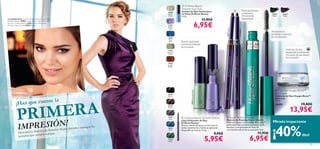  Oriﬂame Beauty
                                                                                         Shimmer Eye Dust
                                                                                         Sombra de Ojos Iluminadora                                                                    Tonos luminosos
                                                                               15090
                                                                               Pearly    en Polvo Oriﬂame Beauty                                                                        y cremosos.                     24306        24307
                                                                               White     2 . 5 g.                                                                                       ¡No necesita                     Black       Prune
La modelo lleva: Sombra de Ojos Iluminadora en Polvo
                                                                                                                              11,95€                                                    sacapuntas!


                                                                                                                      6,95€
Oriﬂame Beauty 15094 Copper Brown, Lápiz Delineador
de Ojos Oriﬂame Beauty 22491 Brown, Máscara de
Pestañas Hyper Stretch 24307 Prune .                                           15091
                                                                               Purple




                                                                                                                                                             22491 Brown
                                                                               Glow




                                                                                                                                                                               22492 Grey
                                                                                                                                                                                                                        ¡Fortalece tus
                                                                                                                                                                                                                        pestañas y potencia




                                                                                                                                                                                                          24306 Black
                                                                               15092                                                                                                                                    su crecimiento!
                                                                                Aqua
                                                                                Blue     Preciso aplicador
                                                                                         y acabado brillante
                                                                                         en tu mirada
                                                                                15093                                                                                                                                                  Contorno de ojos
                                                                                                                                                                                            
                                                                               Emerald                                                                                                                                                 oxigenante y suavizante.
                                                                                Green
                                                                                                                                                                                                                                       ¡Un soplo de aire fresco
                                                                                                                                                                                                                                       en tu mirada!

                                                                               15094
                                                                               Copper
                                                                               Brown




                                                                                                                                                                                                                                 



                                                                                                                          




                                                                                                                                         15091 Purple Glow
                                                                                                                                                                                                                             Optimals Oxygen Boost™




                                                                                                    15093 Emerald Green
                                                                               22490                                                                                                                                        Eye Cream
                                                                                Black                                                                                                                                       Contorno de Ojos Oxygen Boost™

                       te la

                 ER A
                                                                                                                                                                                                                            Optimals

          ¡Haz que cuen
                                                                                                                                                                                                                            15 ml.




           PRIMN!
                                                                                                                                                                                                                            16189                     19,00€
                                                                                                                                                                                                                                             13,95€
                                                                               22491
                                                                               Brown




                                                                               22492      Oriﬂame Beauty Smooth Deﬁner                                       Hyper Stretch Mascara



              IÓ
                                                                                Grey




            I MPR ES
                                                                                                                                                             Máscara de Pestañas Hyper Stretch
                                                                                         Lápiz Delineador de Ojos
                                                                                                                                                             Máxima longitud con Complejo Pro-Long™                      Mirada impactante


                                                                                                                                                                                                      ¡40%
                                                                                         Oriﬂame Beauty
                                                                                         Práctico diseño de punta retráctil que se                           estimulante que potencia la producción de
                                                                    e la   s
                                                   Stretch y consigu                     desliza suavemente y facilita su aplicación.                        Keratina y complementa el cliclo de
                                    Pestañas Hyper
                                                                               22493
                                                                                                                                                             crecimiento natural de tus pestañas. 8 ml.
                            cara de                                             Blue     Disponible en 5 tonos. 0. 3 g.
            Descubre la Más e soñaste.                                                                                                 9,95€                                                          11,95€
            pestañas que siempr                                                                                                                                                                                                                        dto!
                                                                               22494
                                                                               Green                                           5,95€                                                            6,95€
14                                                                                                                                                                                                                                                                15
 