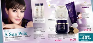 Fórmula suave
                                                                                                                                                                                                                              O E S P L E N D O RO S O R E F I R M A N T E
                                                                                                                            que reﬁrma,
                                                                                                                                                                                                                                                DE PELE
                                                                                                                          fortalece e
                                                                                                                            suaviza a pele
                                                                                                                                                                                                                                        Para todos os tipos
                                                                                                                                                                                                                                        de pele            40   +




                                                                                                                                            
                                                                                                                                                                                                                                       3º PASSO: Aplique o
                                                                                                                                                                                                                                       sérum na pele depois de
                                                                                                                                                                                                                                       limpa, antes de aplicar o
                                                                                                                                                                                                                                       seu Creme de Dia ou de
                                                                                                                                                                                                                                       Noite. Utilizar 2–3 vezes
                                                                                                                                                                                                                                       por semana, ou todos
                                                                                                                                                                                                                                       os dias para um cuidado
                                                                         1º PASSO: Limpe a sua pele com                                                                                                                                intensivo.
                                                                         o Leite de Limpeza Cremoso.
                                                                                                                    4º PASSO: Aplique o
                                                                         2º PASSO: Utilize o Gel Tónico para        seu Creme de Dia ou Noite
                                                                         remover as impurezas e vestígios da
                                                                         maquilhagem, e preparar a sua pele para
                                                                         o sérum ou creme nutritivo.

                                                                                                                                                                                                                           Royal Velvet Lifting Elixir
                                                                                                                                                                                                                         Sérum Reﬁrmante Royal Velvet
                                                                                                                                                                                                                          Atenua as rugas e as linhas ﬁnas, aumenta a
                                                                  UCCI     Royal Velvet
                                                       MONICA BELL
                                                                                                                                                                                                                         elasticidade da pele e hidrata-a. Embalagem
                                                                         Creamy Cleansing Milk                                                                                                                            inovadora. Contém infusão de Black Iris.
                                                                         Leite de Limpeza Cremoso                                                                                                                         30 ml.
                                                                                                                           Hidratação
                                                                         Royal Velvet
                                                                         Nova fórmula com uma textura leve, que            espantosa                                                                                      22817                             €32,00
                                                                         se espalha facilmente sobre a pele, para          durante toda
                                                                                                                                                                                                                                                €18,95

         a Pele
     Ofereça
                                                                         remover as impurezas. 200 ml.                     a noite




     À Su
                                                                         22421                        €18,00

                                                                          Royal Velvet Soothing Toner               Royal Velvet Firming Day Cream SPF 15             Royal Velvet Repairing Night Cream                Pele luxuosa.




                                                                                                                                                                                                                                      40%
                                                                                                                                                                                                                           Poupanças encantadoras.
                                              AS
                          S DAS te de umaR EL
                                                                         Gel Tónico Royal Velvet                    Creme de Dia Reﬁrmante                             Creme de Noite Reparador Royal Velvet

                                EST
                                                                         Nova fórmula suavizante que prepara a      com SPF 15 Royal Velvet                            Creme de Noite com a Infusão de Black Iris para


     OS CUxoDAaDOVelvet e desfru ema.
           I
                                                                         pele para o Creme de Dia ou Noite Royal    Nova fórmula avançada, enriquecida com a Infusão   restaurar a juventude natural da pele e melhorar
                                                                         Velvet. 200 ml.                            de Black Iris. Deixa a pele suave, ﬁrme e          a sua ﬁrmeza durante a noite. 50 ml.

                       al                                                22423                        €18,00        visivelmente mais jovem. Contém SPF 15. 50 ml.
                                                                                                                                                                       22814                                €30,00         + DE
         lu sa gam Roy                                                                                                                                  €30,00
                                                                                                                                                                                                 €17,95
                                                                                                                    22424
     Descubra a                     a estrela de cin

12
     pele ﬁrme e jovem, digna de um
                                                                                                                                             €17,95                                                                            DESCONTO
                                                                                                                                                                                                                                                cuidados do rosto       13
 