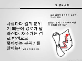 3. 경로검색


                      갈래 길에서 좋아하는 길로만
                      가시면 되요.


사람마다 길의 분위           (단순히 빨리 가기 위해서 라면
                     이 기능을 꺼주세요.)

기 때문에 경로가 달
라진다. 자주가는 경
로 탐색으로
좋아하는 분위기를
알아본다.(집 앞 슈퍼갈때 제외)
 