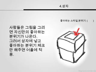 4.상자



              좋아하는 스타일,분위기: (   )


사람들은 그림을 그리
면 자신만의 좋아하는
분위기가 나온다.
그려서 상자에 넣고
좋아하는 분위기 체크
만 해주면 어플에 적
용.
 