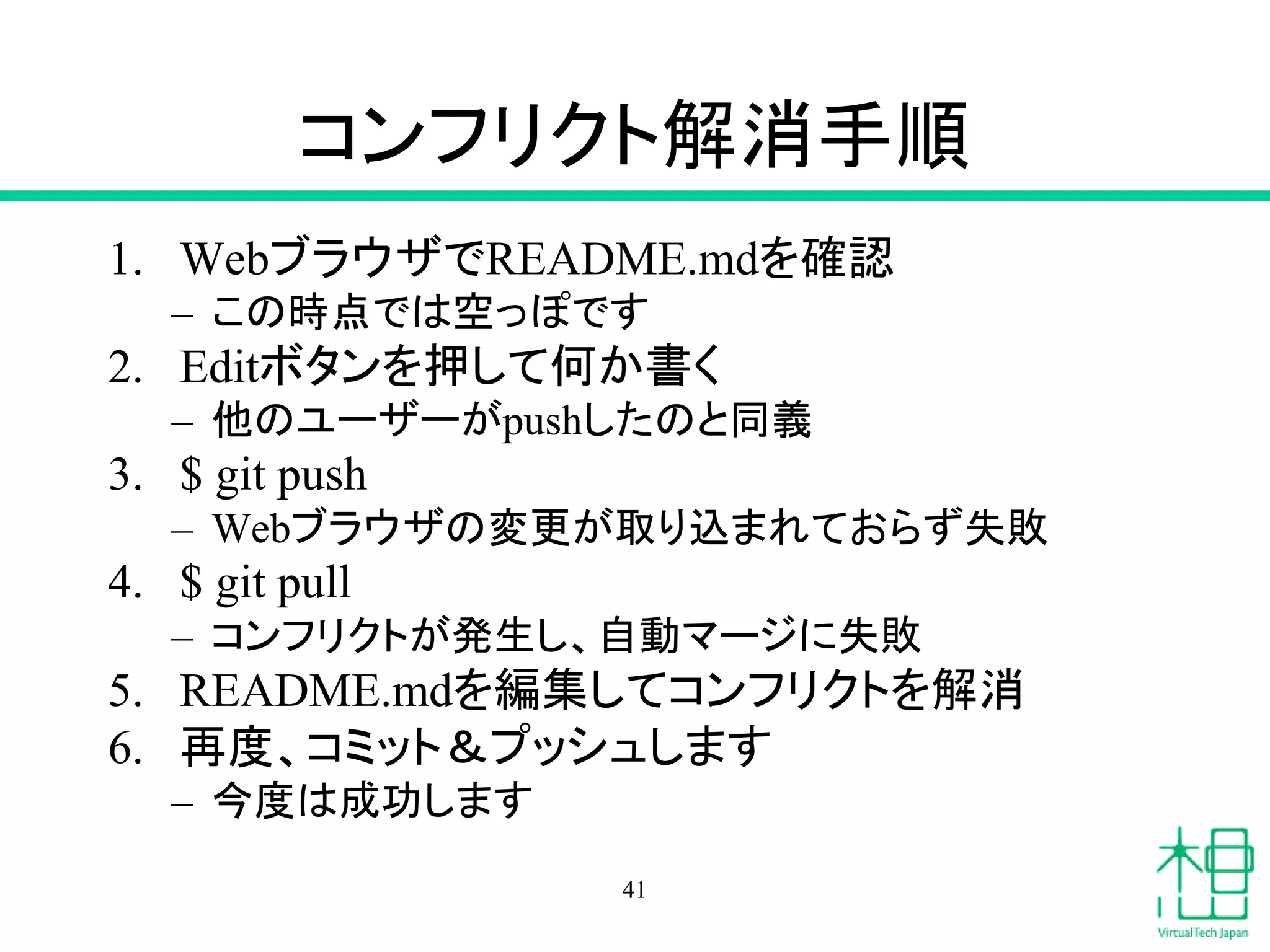 コンフリクト解消手順
1. WebブラウザでREADME.mdを確認
– この時点では空っぽです
2. Editボタンを押して何か書く
– 他のユーザーがpushしたのと同義
3. $ git push
– Webブラウザの変更が取り込まれておらず失敗
4. $ git pull
– コンフリクトが発生し、自動マージに失敗
5. README.mdを編集してコンフリクトを解消
6. 再度、コミット＆プッシュします
– 今度は成功します
41
 