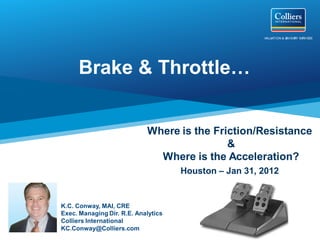 VALUATION & A
                                                                   DVISO SE
                                                                       RY RVICES




     Brake & Throttle…


                            Where is the Friction/Resistance
                                            &
                              Where is the Acceleration?
                                     Houston – Jan 31, 2012


K.C. Conway, MAI, CRE
Exec. Managing Dir. R.E. Analytics
Colliers International
KC.Conway@Colliers.com
 