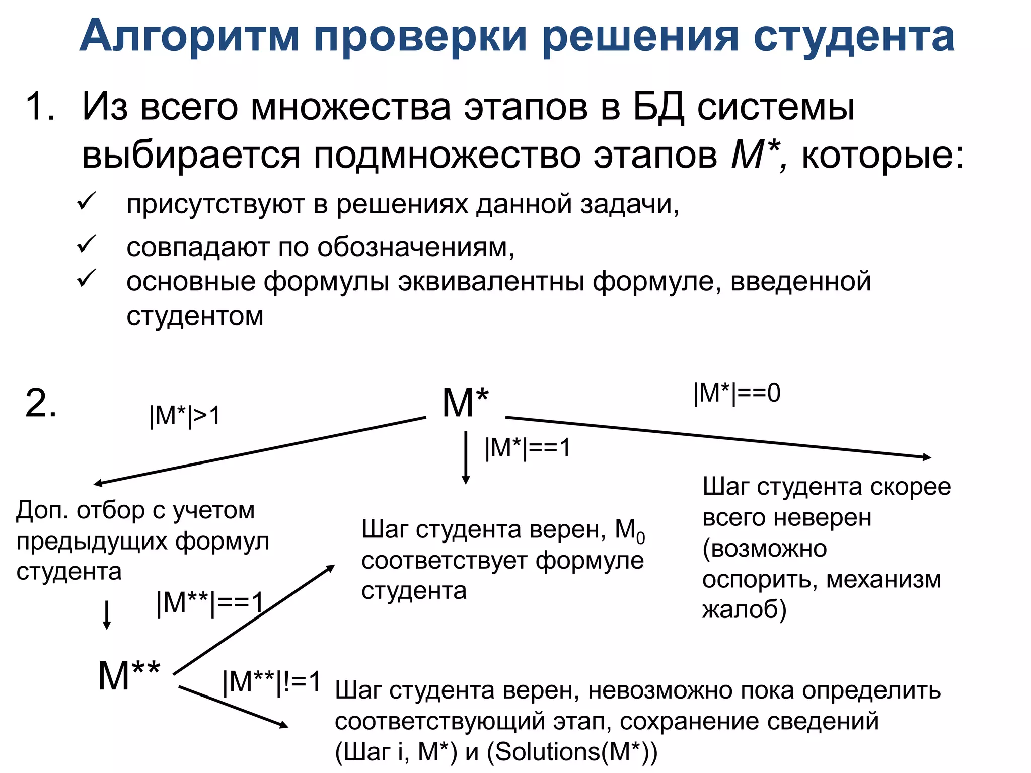 Алгоритм проверки решения студента
1. Из всего множества этапов в БД системы
   выбирается подмножество этапов M*, которые:
        присутствуют в решениях данной задачи,
        совпадают по обозначениям,
        основные формулы эквивалентны формуле, введенной
         студентом

                                                  |M*|==0
2.        |M*|>1               M*
                                   |M*|==1
                                                   Шаг студента скорее
Доп. отбор с учетом                                всего неверен
предыдущих формул        Шаг студента верен, M0
                         соответствует формуле     (возможно оспорить,
студента                                           механизм жалоб)
                         студента
          |M**|==1

      M**      |M**|!=1 Шаг студента верен, невозможно пока определить
                       соответствующий этап, сохранение сведений
                       (Шаг i, M*) и (Solutions(M*))
 