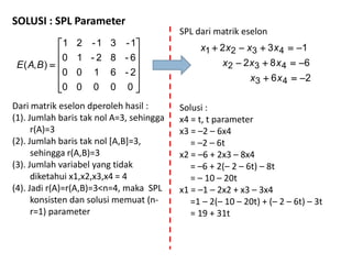 SOLUSI : SPL Parameter













00000
2-6100
6-82-10
1-31-21
),( BAE
Dari matrik eselon dperoleh hasil :
(1). Jumlah baris tak nol A=3, sehingga
r(A)=3
(2). Jumlah baris tak nol [A,B]=3,
sehingga r(A,B)=3
(3). Jumlah variabel yang tidak
diketahui x1,x2,x3,x4 = 4
(4). Jadi r(A)=r(A,B)=3<n=4, maka SPL
konsisten dan solusi memuat (n-
r=1) parameter
26
682
132
43
432
4321



xx
xxx
xxxx
Solusi :
x4 = t, t parameter
x3 = –2 – 6x4
= –2 – 6t
x2 = –6 + 2x3 – 8x4
= –6 + 2(– 2 – 6t) – 8t
= – 10 – 20t
x1 = –1 – 2x2 + x3 – 3x4
=1 – 2(– 10 – 20t) + (– 2 – 6t) – 3t
= 19 + 31t
SPL dari matrik eselon
 