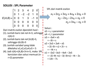 Dari matrik eselon dperoleh hasil :
(1). Jumlah baris tak nol A=3, sehingga
r(A)=3
(2). Jumlah baris tak nol [A,B]=3,
sehingga r(A,B)=3
(3). Jumlah variabel yang tidak
diketahui x1,x2,x3,x4,x5 = 5
(4). Jadi r(A)=r(A,B)=3<n=5, maka SPL
konsisten dan solusi memuat (n-
r=2) parameter

















000000
000000
01-3100
012-2-10
024321
),( BAE
SOLUSI : SPL Parameter
Solusi :
x5 = s, s parameter
x4 = t, t parameter
x3 = –3x4 + x5
= –3t + s
x2 = 2x3 + 2x4 – x5
= 2(–3t + s) + 2t – s
= – 4t + s
x1 = –2x2 –3x3 – 4x4 – 2x5
= –2(–4t +s) – 3(–3t+s) – 4t – 2s
= 13t – 7s
03
022
02432
543
5432
54321



xxx
xxxx
xxxxx
SPL dari matrik eselon
 
