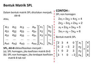 Bentuk Matrik SPL
Dalam bentuk matrik SPL dituliskan menjadi,
AX=B
atau,
SPL, AX=B diklasifikasikan menjadi :
(a). SPL homogen, jika koefisien matrik B=0
(b). SPL non homogen, jika terdapat koefisien
matrik B tak nol

















































n
3
2
1
n
3
2
1
321
3333231
2232221
1131211
b
...
b
b
b
x
...
x
x
x
...
...............
...
...
...
mnmmm
n
n
n
aaaa
aaaa
aaaa
aaaa
633
532
2232
4432
421
431
432
321




xxx
xxx
xxx
xxx
CONTOH :
SPL non homogen
Bentuk matrik SPL







































6
5
2
4
3013
3201
2320
0432
4
3
2
1
x
x
x
x
 