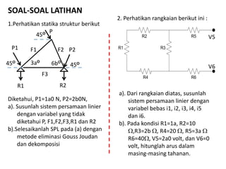 SOAL-SOAL LATIHAN
1.Perhatikan statika struktur berikut
Diketahui, P1=1a0 N, P2=2b0N,
a). Susunlah sistem persamaan linier
dengan variabel yang tidak
diketahui P, F1,F2,F3,R1 dan R2
b).Selesaikanlah SPL pada (a) dengan
metode eliminasi Gouss Joudan
dan dekomposisi
3aO
6bO
45O
45O
45O
P
P1 P2F1 F2
F3
R1 R2
R6
R5R2
R4
R3R1
2. Perhatikan rangkaian berikut ini :
V5
V6
a). Dari rangkaian diatas, susunlah
sistem persamaan linier dengan
variabel bebas i1, i2, i3, i4, i5
dan i6.
b). Pada kondisi R1=1a, R2=10
,R3=2b , R4=20 , R5=3a 
R6=40, V5=2a0 volt, dan V6=0
volt, hitunglah arus dalam
masing-masing tahanan.
 