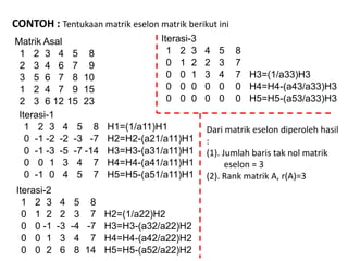 CONTOH : Tentukaan matrik eselon matrik berikut ini
Iterasi-1
1 2 3 4 5 8 H1=(1/a11)H1
0 -1 -2 -2 -3 -7 H2=H2-(a21/a11)H1
0 -1 -3 -5 -7 -14 H3=H3-(a31/a11)H1
0 0 1 3 4 7 H4=H4-(a41/a11)H1
0 -1 0 4 5 7 H5=H5-(a51/a11)H1
Matrik Asal
1 2 3 4 5 8
2 3 4 6 7 9
3 5 6 7 8 10
1 2 4 7 9 15
2 3 6 12 15 23
Iterasi-2
1 2 3 4 5 8
0 1 2 2 3 7 H2=(1/a22)H2
0 0 -1 -3 -4 -7 H3=H3-(a32/a22)H2
0 0 1 3 4 7 H4=H4-(a42/a22)H2
0 0 2 6 8 14 H5=H5-(a52/a22)H2
Iterasi-3
1 2 3 4 5 8
0 1 2 2 3 7
0 0 1 3 4 7 H3=(1/a33)H3
0 0 0 0 0 0 H4=H4-(a43/a33)H3
0 0 0 0 0 0 H5=H5-(a53/a33)H3
Dari matrik eselon diperoleh hasil
:
(1). Jumlah baris tak nol matrik
eselon = 3
(2). Rank matrik A, r(A)=3
 