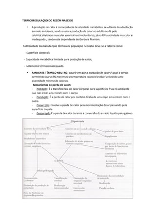 TERMORREGULAÇÃO DO RECÉM NASCIDO

   •   A produção de calor é conseqüência de atividade metabólica, resultante da adaptação
       ao meio ambiente, sendo assim a produção de calor no adulto se dá pelo
       calafrio( atividade muscular voluntária e involuntária); já no RN a atividade muscular é
       inadequada , sendo este dependente de Gordura Marrom.

A dificuldade da manutenção térmica na população neonatal deve-se a fatores como:

 - Superfície corporal ;

 - Capacidade metabólica limitada para produção de calor;

 - Isolamento térmico inadequado.

   •   AMBIENTE TÉRMICO NEUTRO: aquele em que a produção de calor é igual a perda,
       permitindo que o RN mantenha a temperatura corporal estável utilizando uma
       quantidade mínima de calorias.
        Mecanismos de perda de Calor:
       - Radiação: É a transferência do calor corporal para superfícies frias no ambiente
       que não estão em contato com o corpo
       - Condução: É a perda de calor por contato direto de um corpo em contato com o
       outro.
       - Convecção: Envolve a perda de calor pela movimentação do ar passando pela
       superfície da pele.
       - Evaporação:É a perda de calor durante a conversão do estado líquido para gasoso.
 