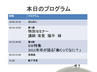 本日のプログラム
時間            プログラム

18:00-18:10   はじめに

18:10-19:00   第１部
              特別セミナー
              講師：常見 陽平 様
19:10-20:00   第２部
              GW特集
              2011年卒が語る「働くってなに？」
20:10-21:00   交流会

21:00         終了予定
 