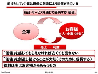 前提として：企業は価値の創造により対価を得ている

                商品・サービスを通じて提供する「価値」




                                     お客様
                企業                 （人・企業・社会）



                      売上 ・ 利益
   「価値」を感じてもらえなければ安くても売れない
   「価値」を創造し続けることが大切（そのために成長する）
   給料は実はお客様からもらうもの
Yohei Tsunemi          2010/6/23               16
 