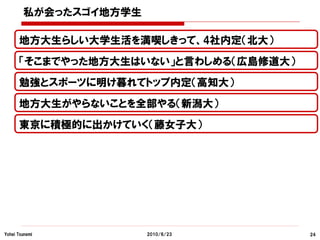 私が会ったスゴイ地方学生

      地方大生らしい大学生活を満喫しきって、4社内定（北大）
      「そこまでやった地方大生はいない」と言わしめる（広島修道大）
      勉強とスポーツに明け暮れてトップ内定（高知大）
      地方大生がやらないことを全部やる（新潟大）
      東京に積極的に出かけていく（藤女子大）




Yohei Tsunemi          2010/6/23       24
 