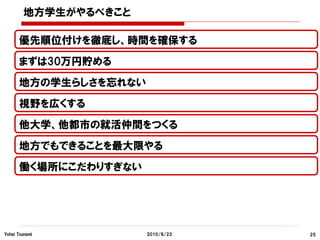 地方学生がやるべきこと

      優先順位付けを徹底し、時間を確保する
      まずは30万円貯める
      地方の学生らしさを忘れない
      視野を広くする
      他大学、他都市の就活仲間をつくる
      地方でもできることを最大限やる
      働く場所にこだわりすぎない




Yohei Tsunemi         2010/6/23   25
 