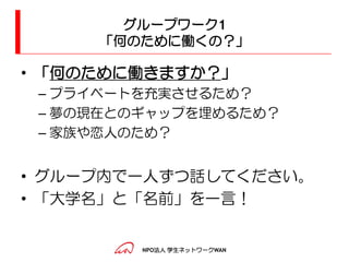 グループワーク1
     「何のために働くの？」

• 「何のために働きますか？」
 – プライベートを充実させるため？
 – 夢の現在とのギャップを埋めるため？
 – 家族や恋人のため？


• グループ内で一人ずつ話してください。
• 「大学名」と「名前」を一言！


         NPO法人 学生ネットワークWAN
 