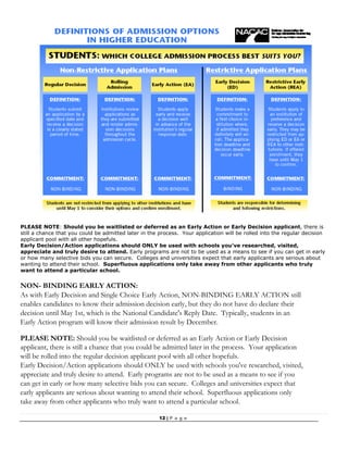 12 | P a g e
PLEASE NOTE: Should you be waitlisted or deferred as an Early Action or Early Decision applicant, there is
still a chance that you could be admitted later in the process. Your application will be rolled into the regular decision
applicant pool with all other hopefuls.
Early Decision/Action applications should ONLY be used with schools you’ve researched, visited,
appreciate and truly desire to attend. Early programs are not to be used as a means to see if you can get in early
or how many selective bids you can secure. Colleges and universities expect that early applicants are serious about
wanting to attend their school. Superfluous applications only take away from other applicants who truly
want to attend a particular school.
NON- BINDING EARLY ACTION:
As with Early Decision and Single Choice Early Action, NON-BINDING EARLY ACTION still
enables candidates to know their admission decision early, but they do not have do declare their
decision until May 1st, which is the National Candidate's Reply Date. Typically, students in an
Early Action program will know their admission result by December.
PLEASE NOTE: Should you be waitlisted or deferred as an Early Action or Early Decision
applicant, there is still a chance that you could be admitted later in the process. Your application
will be rolled into the regular decision applicant pool with all other hopefuls.
Early Decision/Action applications should ONLY be used with schools you've researched, visited,
appreciate and truly desire to attend. Early programs are not to be used as a means to see if you
can get in early or how many selective bids you can secure. Colleges and universities expect that
early applicants are serious about wanting to attend their school. Superfluous applications only
take away from other applicants who truly want to attend a particular school.
 