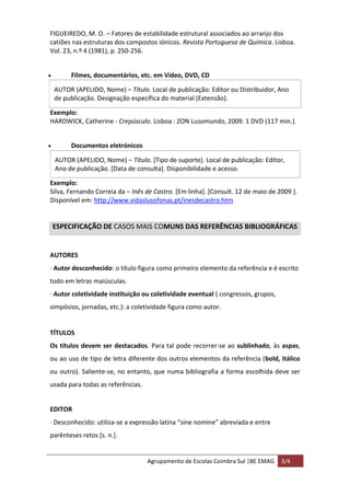 Agrupamento de Escolas Coimbra Sul |BE EMAG 3/4
FIGUEIREDO, M. O. – Fatores de estabilidade estrutural associados ao arranjo dos
catiões nas estruturas dos compostos iónicos. Revista Portuguesa de Química. Lisboa.
Vol. 23, n.º 4 (1981), p. 250-256.
• Filmes, documentários, etc. em Vídeo, DVD, CD
AUTOR (APELIDO, Nome) – Título. Local de publicação: Editor ou Distribuidor, Ano
de publicação. Designação específica do material (Extensão).
Exemplo:
HARDWICK, Catherine - Crepúsculo. Lisboa : ZON Lusomundo, 2009. 1 DVD (117 min.).
• Documentos eletrónicos
AUTOR (APELIDO, Nome) – Título. [Tipo de suporte]. Local de publicação: Editor,
Ano de publicação. [Data de consulta]. Disponibilidade e acesso.
Exemplo:
Silva, Fernando Correia da – Inês de Castro. [Em linha]. [Consult. 12 de maio de 2009 ].
Disponível em: http://www.vidaslusofonas.pt/inesdecastro.htm
ESPECIFICAÇÃO DE CASOS MAIS COMUNS DAS REFERÊNCIAS BIBLIOGRÁFICAS
AUTORES
· Autor desconhecido: o título figura como primeiro elemento da referência e é escrito
todo em letras maiúsculas.
· Autor coletividade instituição ou coletividade eventual ( congressos, grupos,
simpósios, jornadas, etc.): a coletividade figura como autor.
TÍTULOS
Os títulos devem ser destacados. Para tal pode recorrer-se ao sublinhado, às aspas,
ou ao uso de tipo de letra diferente dos outros elementos da referência (bold, itálico
ou outro). Saliente-se, no entanto, que numa bibliografia a forma escolhida deve ser
usada para todas as referências.
EDITOR
· Desconhecido: utiliza-se a expressão latina “sine nomine” abreviada e entre
parênteses retos [s. n.].
 