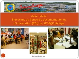 2012 – 2013
    Bienvenue au Centre de documentation et
     d’information (CDI) du LGT B@imbridge




1                 LGT Baimbridge CDI
 