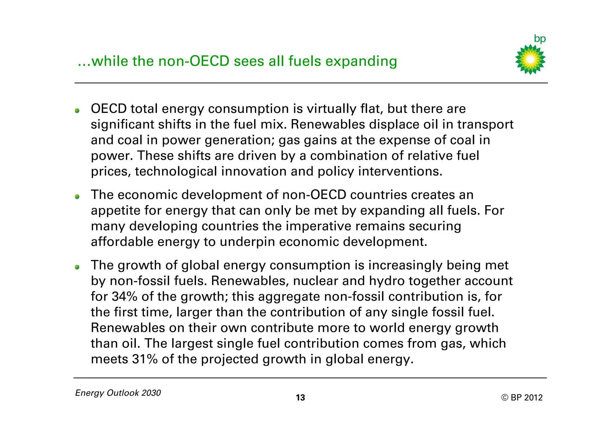 …while the non-OECD sees all fuels expanding


   OECD total energy consumption is virtually flat, but there are
   significant shifts in the fuel mix. Renewables displace oil in transport
   and coal in power generation; gas gains at the expense of coal in
   power. These shifts are driven by a combination of relative fuel
   prices, technological innovation and policy interventions.
   The economic development of non-OECD countries creates an
   appetite for energy that can only be met by expanding all fuels. For
   many developing countries the imperative remains securing
   affordable energy to underpin economic development.
   The growth of global energy consumption is increasingly being met
   by non-fossil fuels. Renewables, nuclear and hydro together account
   for 34% of the growth; this aggregate non-fossil contribution is, for
   the first time, larger than the contribution of any single fossil fuel.
   Renewables on their own contribute more to world energy growth
   than oil. The largest single fuel contribution comes from gas, which
   meets 31% of the projected growth in global energy.

Energy Outlook 2030
                                     13                                 © BP 2012
 