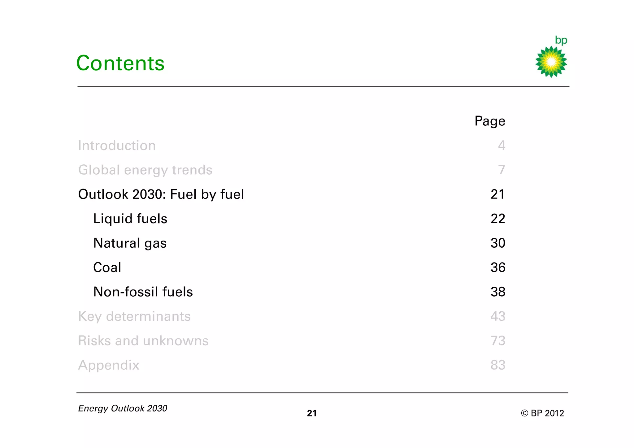 Contents

                                  Page
Introduction                         4
Global energy trends                 7
Outlook 2030: Fuel by fuel          21
   Liquid fuels                     22
   Natural gas                      30
   Coal                             36
   Non-fossil fuels                 38
Key determinants                    43
Risks and unknowns                  73
Appendix                            83


Energy Outlook 2030
                             21          © BP 2012
 