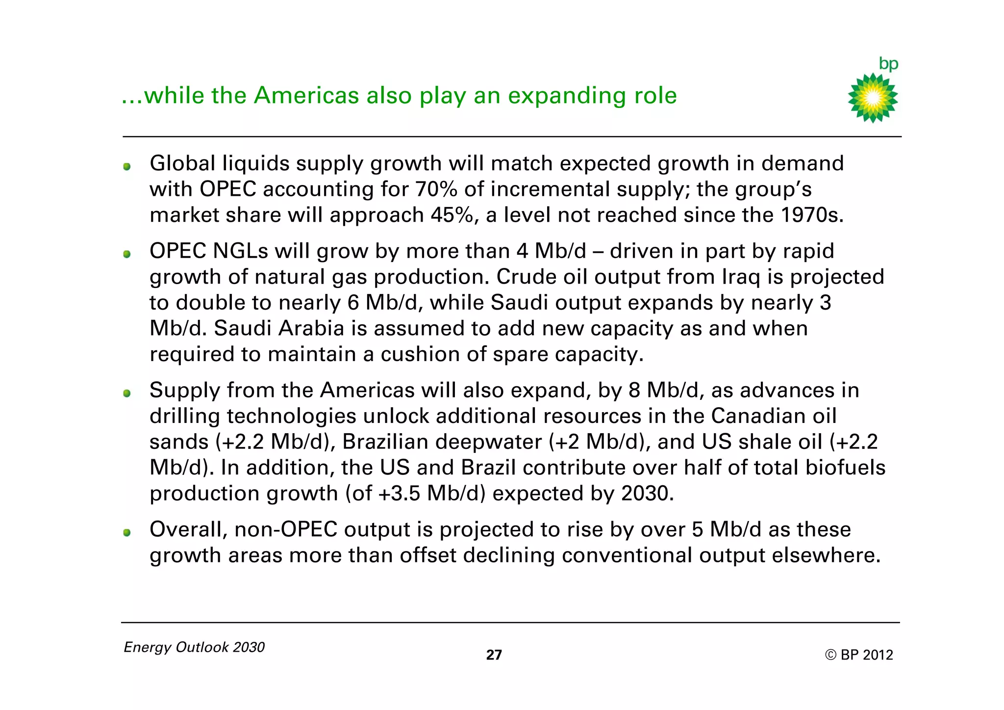 …while the Americas also play an expanding role

   Global liquids supply growth will match expected growth in demand
   with OPEC accounting for 70% of incremental supply; the group’s
   market share will approach 45%, a level not reached since the 1970s.
   OPEC NGLs will grow by more than 4 Mb/d – driven in part by rapid
   growth of natural gas production. Crude oil output from Iraq is projected
   to double to nearly 6 Mb/d, while Saudi output expands by nearly 3
   Mb/d. Saudi Arabia is assumed to add new capacity as and when
   required to maintain a cushion of spare capacity.
   Supply from the Americas will also expand, by 8 Mb/d, as advances in
   drilling technologies unlock additional resources in the Canadian oil
   sands (+2.2 Mb/d), Brazilian deepwater (+2 Mb/d), and US shale oil (+2.2
   Mb/d). In addition, the US and Brazil contribute over half of total biofuels
   production growth (of +3.5 Mb/d) expected by 2030.
   Overall, non-OPEC output is projected to rise by over 5 Mb/d as these
   growth areas more than offset declining conventional output elsewhere.



Energy Outlook 2030
                                     27                                 © BP 2012
 
