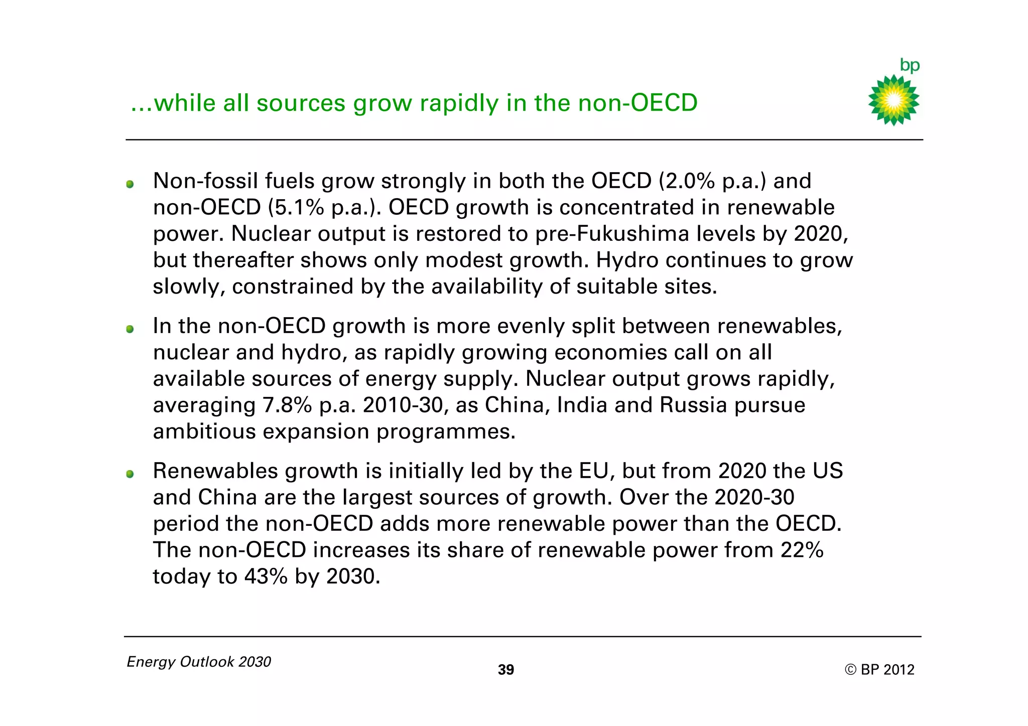 …while all sources grow rapidly in the non-OECD


   Non-fossil fuels grow strongly in both the OECD (2.0% p.a.) and
   non-OECD (5.1% p.a.). OECD growth is concentrated in renewable
   power. Nuclear output is restored to pre-Fukushima levels by 2020,
   but thereafter shows only modest growth. Hydro continues to grow
   slowly, constrained by the availability of suitable sites.
   In the non-OECD growth is more evenly split between renewables,
   nuclear and hydro, as rapidly growing economies call on all
   available sources of energy supply. Nuclear output grows rapidly,
   averaging 7.8% p.a. 2010-30, as China, India and Russia pursue
   ambitious expansion programmes.
   Renewables growth is initially led by the EU, but from 2020 the US
   and China are the largest sources of growth. Over the 2020-30
   period the non-OECD adds more renewable power than the OECD.
   The non-OECD increases its share of renewable power from 22%
   today to 43% by 2030.


Energy Outlook 2030
                                   39                                   © BP 2012
 
