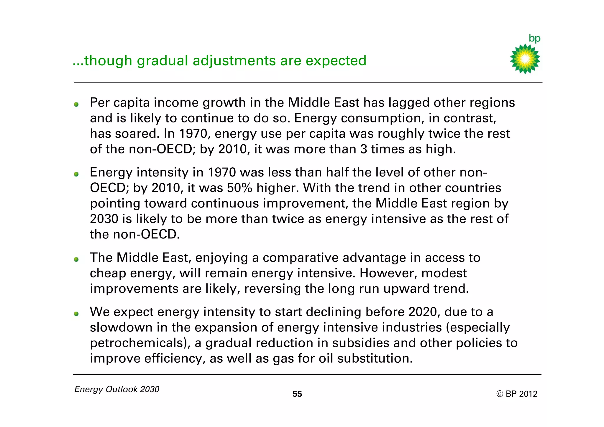 ...though gradual adjustments are expected

   Per capita income growth in the Middle East has lagged other regions
   and is likely to continue to do so. Energy consumption, in contrast,
   has soared. In 1970, energy use per capita was roughly twice the rest
   of the non-OECD; by 2010, it was more than 3 times as high.
   Energy intensity in 1970 was less than half the level of other non-
   OECD; by 2010, it was 50% higher. With the trend in other countries
   pointing toward continuous improvement, the Middle East region by
   2030 is likely to be more than twice as energy intensive as the rest of
   the non-OECD.
   The Middle East, enjoying a comparative advantage in access to
   cheap energy, will remain energy intensive. However, modest
   improvements are likely, reversing the long run upward trend.
   We expect energy intensity to start declining before 2020, due to a
   slowdown in the expansion of energy intensive industries (especially
   petrochemicals), a gradual reduction in subsidies and other policies to
   improve efficiency, as well as gas for oil substitution.

Energy Outlook 2030
                                     55                                © BP 2012
 
