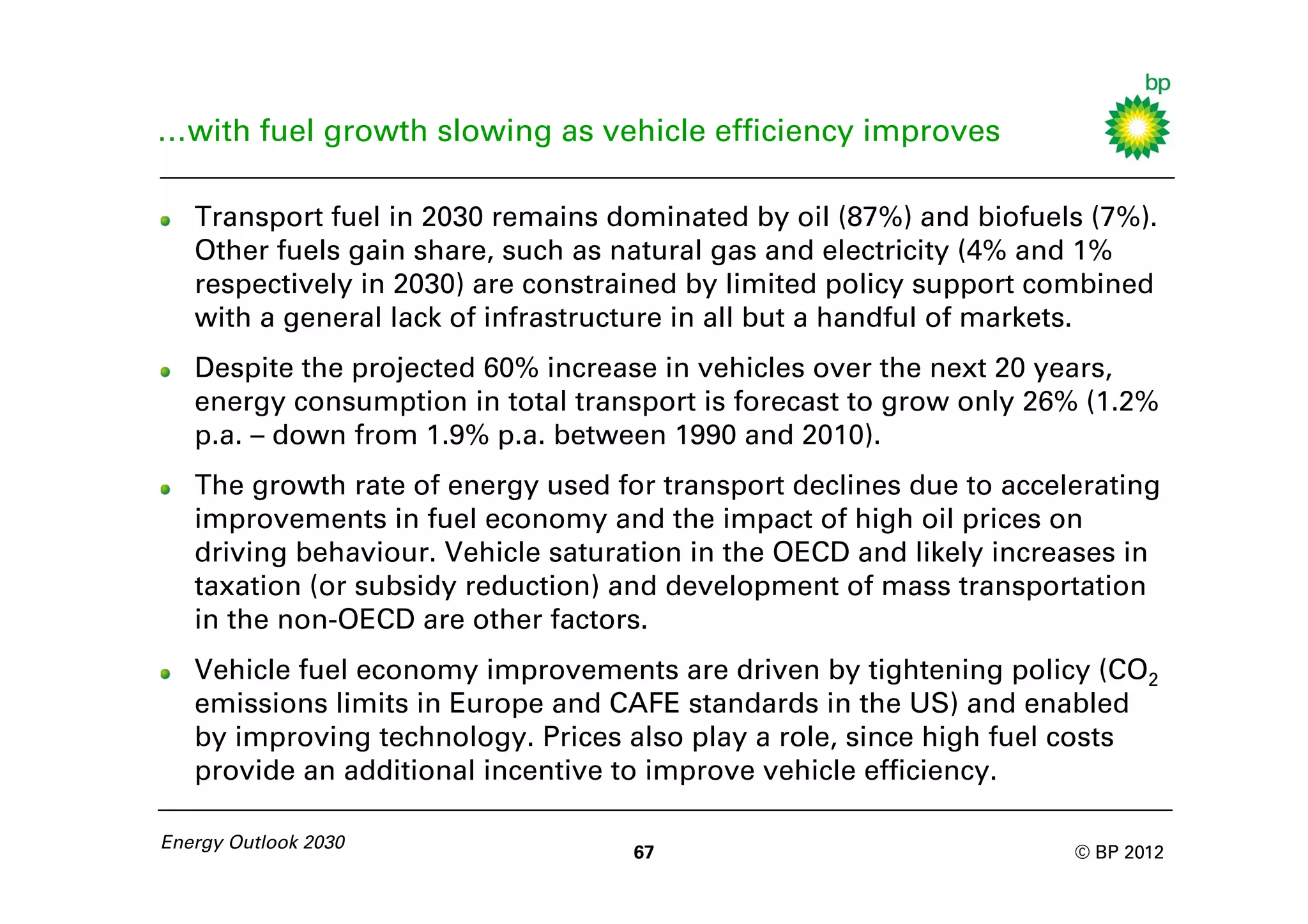 …with fuel growth slowing as vehicle efficiency improves

   Transport fuel in 2030 remains dominated by oil (87%) and biofuels (7%).
   Other fuels gain share, such as natural gas and electricity (4% and 1%
   respectively in 2030) are constrained by limited policy support combined
   with a general lack of infrastructure in all but a handful of markets.
   Despite the projected 60% increase in vehicles over the next 20 years,
   energy consumption in total transport is forecast to grow only 26% (1.2%
   p.a. – down from 1.9% p.a. between 1990 and 2010).
   The growth rate of energy used for transport declines due to accelerating
   improvements in fuel economy and the impact of high oil prices on
   driving behaviour. Vehicle saturation in the OECD and likely increases in
   taxation (or subsidy reduction) and development of mass transportation
   in the non-OECD are other factors.
   Vehicle fuel economy improvements are driven by tightening policy (CO2
   emissions limits in Europe and CAFE standards in the US) and enabled
   by improving technology. Prices also play a role, since high fuel costs
   provide an additional incentive to improve vehicle efficiency.

Energy Outlook 2030
                                    67                               © BP 2012
 