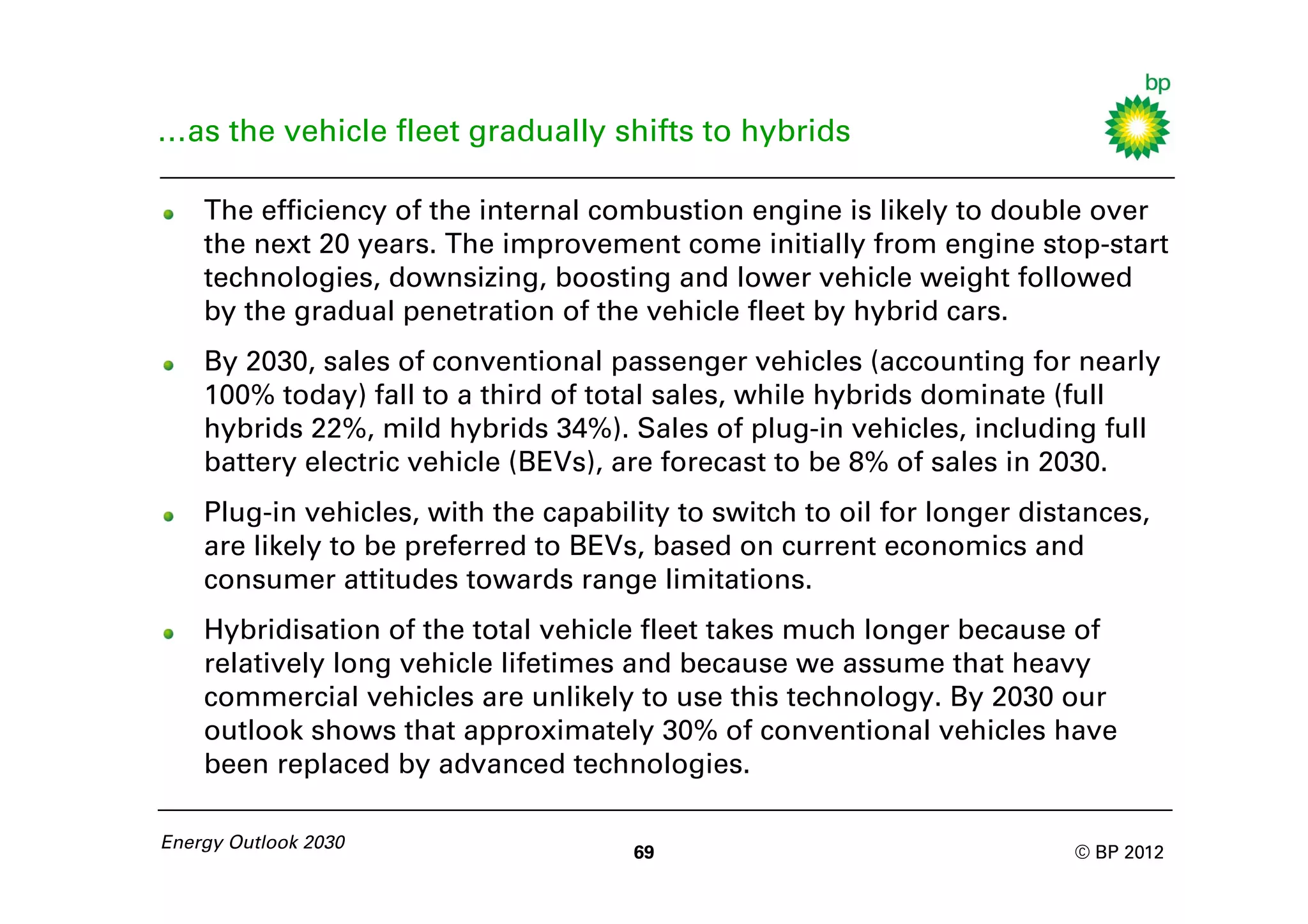 …as the vehicle fleet gradually shifts to hybrids

    The efficiency of the internal combustion engine is likely to double over
    the next 20 years. The improvement come initially from engine stop-start
    technologies, downsizing, boosting and lower vehicle weight followed
    by the gradual penetration of the vehicle fleet by hybrid cars.
    By 2030, sales of conventional passenger vehicles (accounting for nearly
    100% today) fall to a third of total sales, while hybrids dominate (full
    hybrids 22%, mild hybrids 34%). Sales of plug-in vehicles, including full
    battery electric vehicle (BEVs), are forecast to be 8% of sales in 2030.
    Plug-in vehicles, with the capability to switch to oil for longer distances,
    are likely to be preferred to BEVs, based on current economics and
    consumer attitudes towards range limitations.
    Hybridisation of the total vehicle fleet takes much longer because of
    relatively long vehicle lifetimes and because we assume that heavy
    commercial vehicles are unlikely to use this technology. By 2030 our
    outlook shows that approximately 30% of conventional vehicles have
    been replaced by advanced technologies.

Energy Outlook 2030
                                      69                                 © BP 2012
 