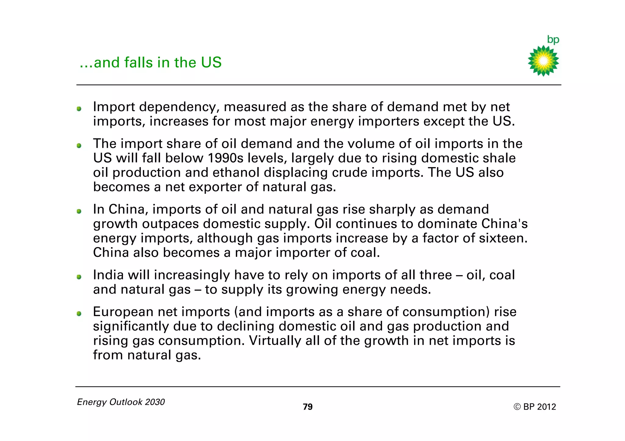 …and falls in the US

   Import dependency, measured as the share of demand met by net
   imports, increases for most major energy importers except the US.
   The import share of oil demand and the volume of oil imports in the
   US will fall below 1990s levels, largely due to rising domestic shale
   oil production and ethanol displacing crude imports. The US also
   becomes a net exporter of natural gas.
   In China, imports of oil and natural gas rise sharply as demand
   growth outpaces domestic supply. Oil continues to dominate China's
   energy imports, although gas imports increase by a factor of sixteen.
   China also becomes a major importer of coal.
   India will increasingly have to rely on imports of all three – oil, coal
   and natural gas – to supply its growing energy needs.
   European net imports (and imports as a share of consumption) rise
   significantly due to declining domestic oil and gas production and
   rising gas consumption. Virtually all of the growth in net imports is
   from natural gas.


Energy Outlook 2030
                                      79                                  © BP 2012
 