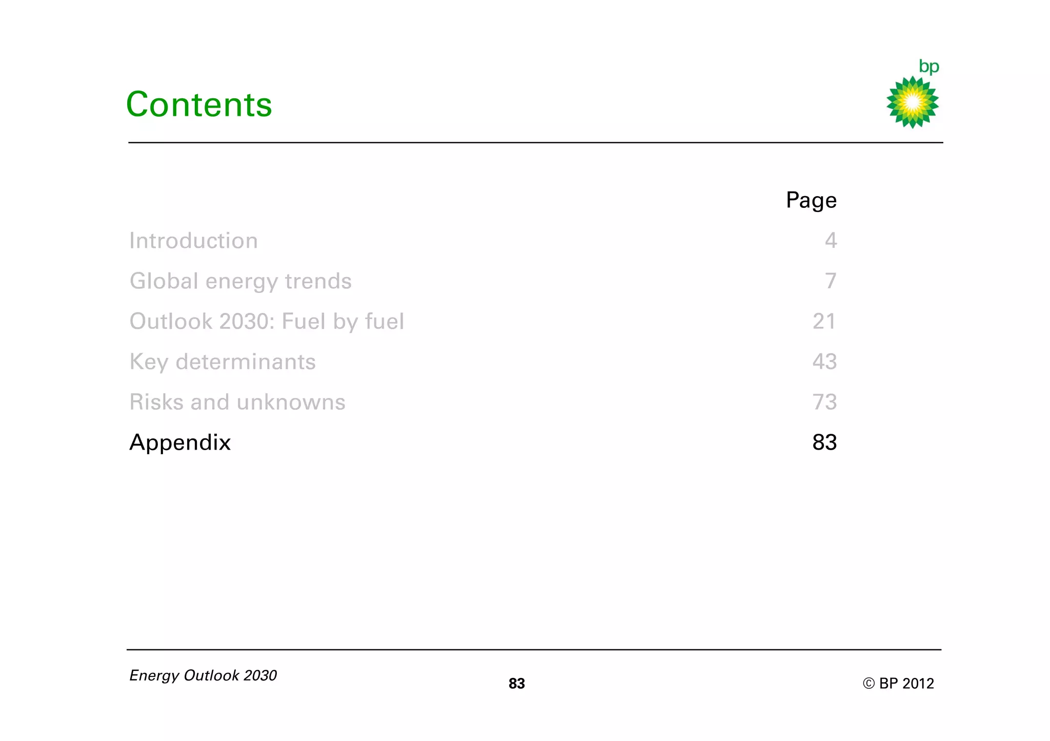 Contents

                                  Page
Introduction                         4
Global energy trends                 7
Outlook 2030: Fuel by fuel          21
Key determinants                    43
Risks and unknowns                  73
Appendix                            83




Energy Outlook 2030
                             83          © BP 2012
 