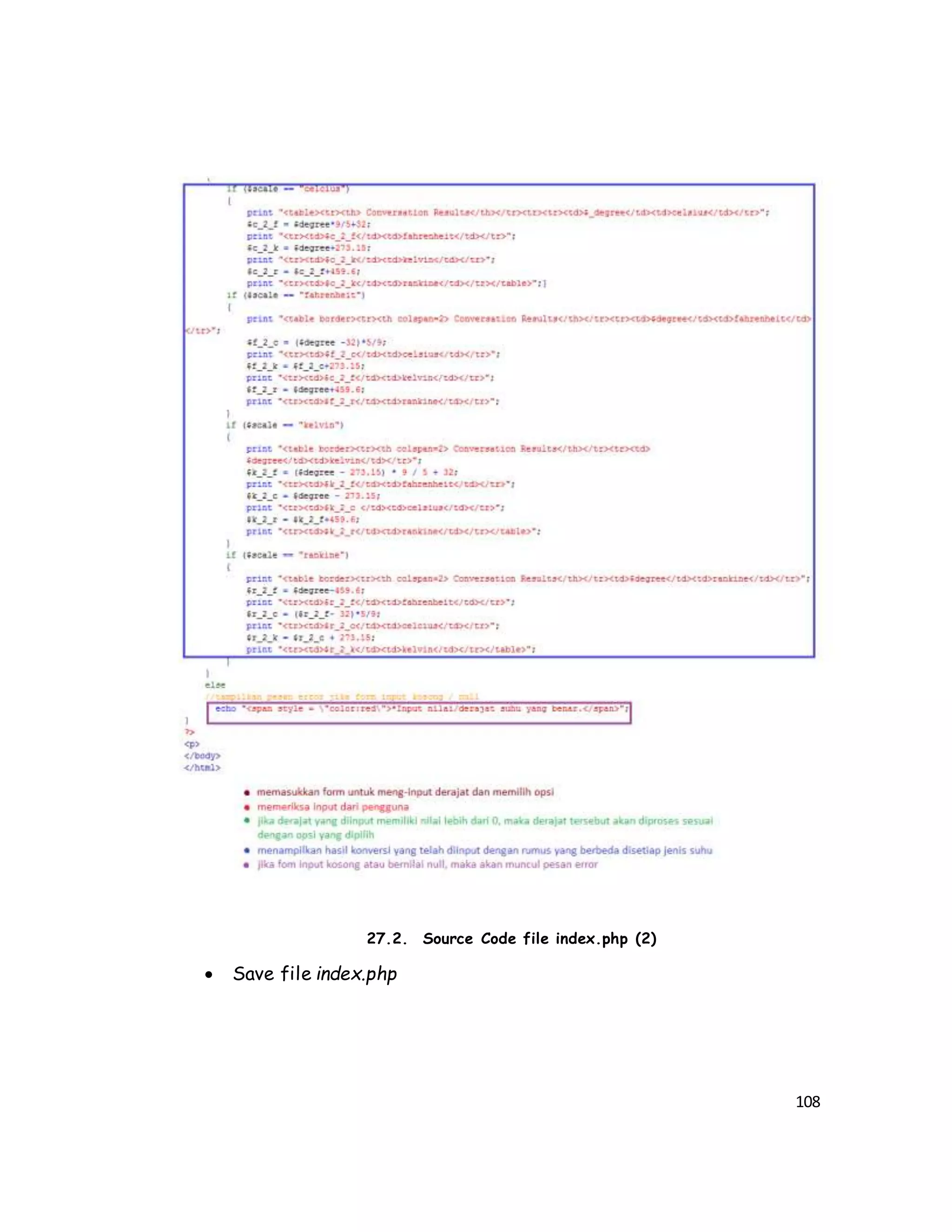 108
27.2. Source Code file index.php (2)
 Save file index.php
 